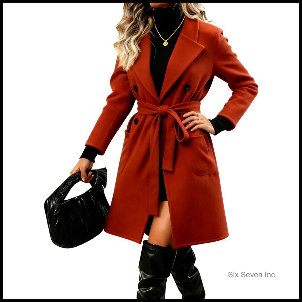 Winter Wool Pea Coat Double Breasted Belted Long Jacket